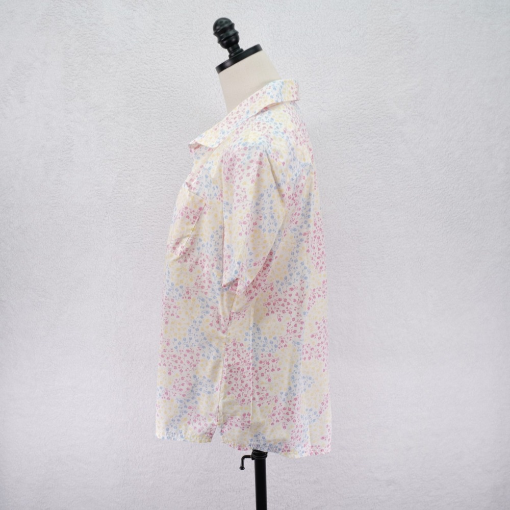 Karen Scott Button Up Shirt Top White Pik Teal Yellow Floral Large Collared Cott - Picture 4 of 8